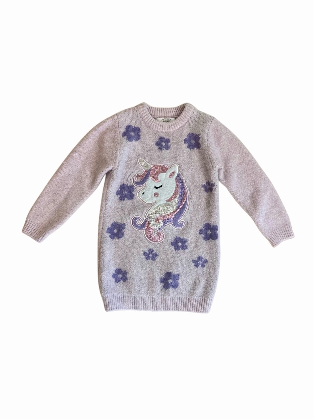 Primark Lavender Unicorn Sequins Fuzzy Crew Neck Sweater, Floral | Girls 3T